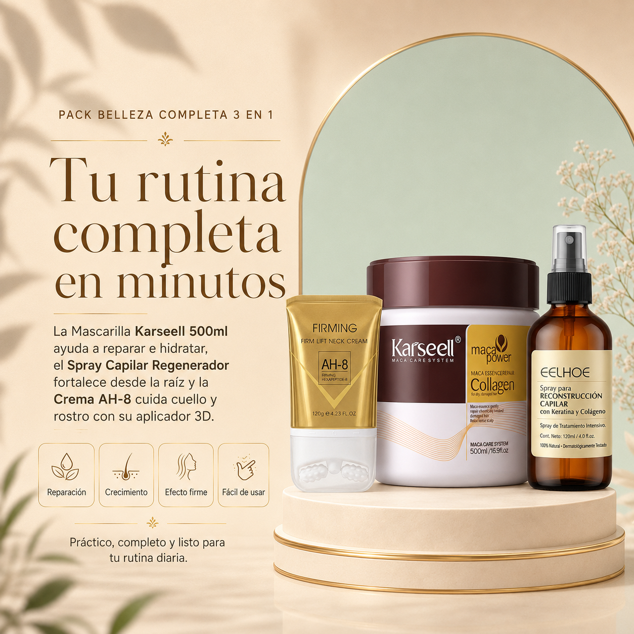 Pack Belleza Completa 3 en 1 - Cabello, Raíz y Rostro
