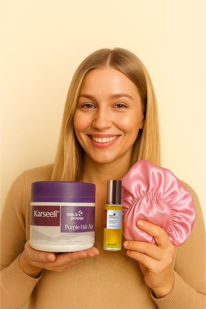 Kit Cabelo Loiro - Máscara Karseell Roxa Original 500ml + Óleo de Argan + Touca de Cetim de Brinde