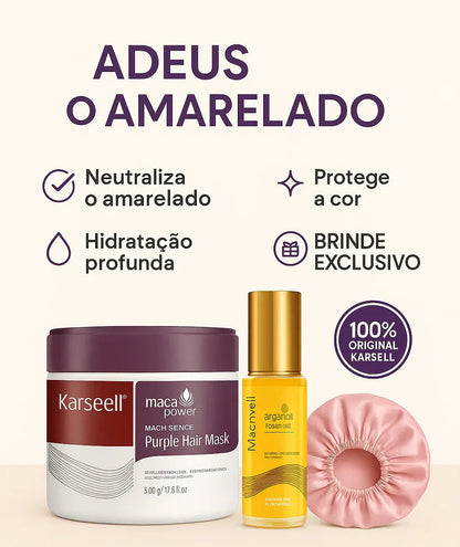 Kit Cabelo Loiro - Máscara Karseell Roxa Original 500ml + Óleo de Argan + Touca de Cetim de Brinde